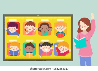 Illustration Of Student Kids Waving From Inside A Computer Monitor With A Teacher. A Girl Holding A Book And Teaching A Virtual Class