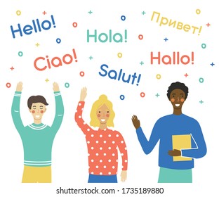 The illustration of student from Language courses. The said Hello in different languages. Can be used as a banner, poster or advertisment. Also is perfect for social network marketing. 