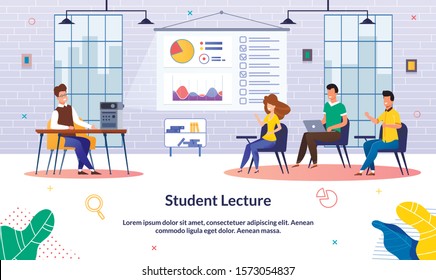 Illustration Student Lecture at University, Flat. Male Teacher Shows Training Information Using Video Projector. Boys and Girls Sit in University Auditorium and Watch Presentation Video from Teacher.