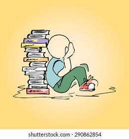 Illustration student at the library. Hand-drawing