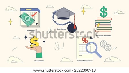 Illustration of student loans with key elements like a graduation cap, money, and documents in neubrutalism style collection.