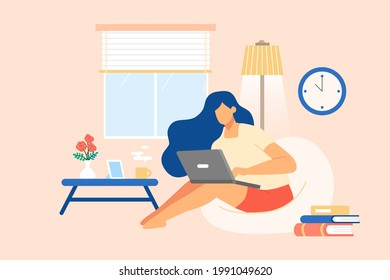 Illustration of a student online learning at home. A female student taking online class on laptop with books on the floor