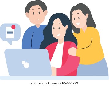 Illustration Of A Student Opening The Results Of A College Admissions Announcement With Her Parents, Flat Design