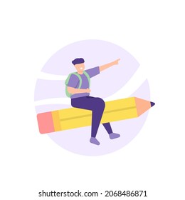 illustration of a student riding a flying pencil. back to school concept. go to school. education. flat cartoon style. vector design