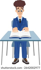 Illustration of a student sitting at a desk and reading a book. A young man is learning a lesson from a book. School days.
