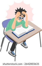 Illustration of a student sitting at a desk and reading a book. The young man is trying to prepare for an exam. School days.