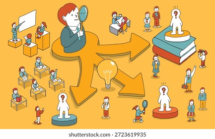 Ilustración de un estudiante de pie ante tres caminos posibles, pensando en su potencial y aptitud para el futuro.