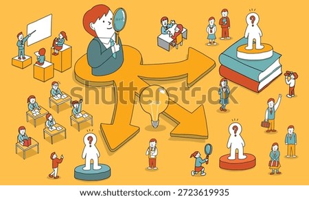 Illustration of a student standing before three possible paths, thinking about their potential and aptitude for the future.