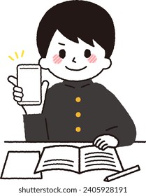 Illustration of a student studying on a smartphone.