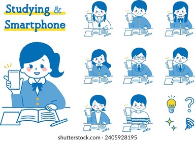 Illustration of a student studying on a smartphone.