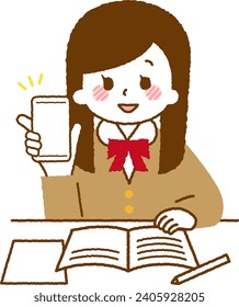 Illustration of a student studying on a smartphone.