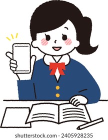 Illustration of a student studying on a smartphone.