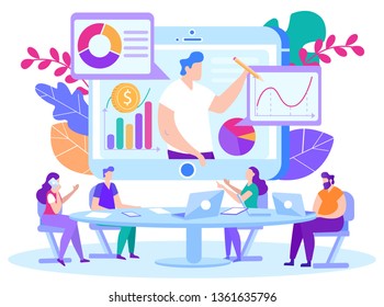 Illustration Student Support Teacher Remotely. Distance Learning for Financiers and Bankers. Staff Development. People Learn Remotely. Screen Man Gives Information using Analysis and Statistics.