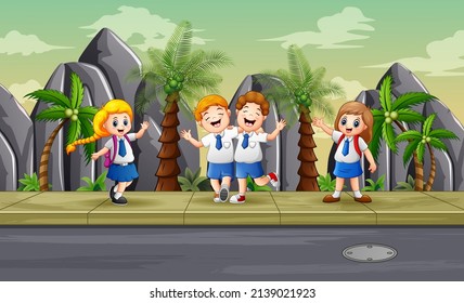 Illustration of the student in uniform on the roadside