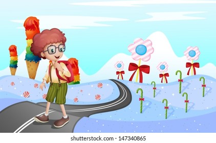 Illustration of a student walking in the road