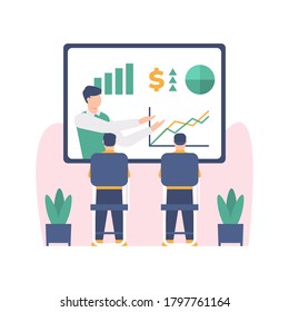illustration is a student watching or listening to an online lecture or a video. business school concept, data analysis presentation, business education. flat design. can be used for elements