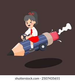 illustration of student wearing Indonesian elementary uniform riding pencil car