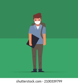 illustration of a student wearing a mask preparing to go to university to study