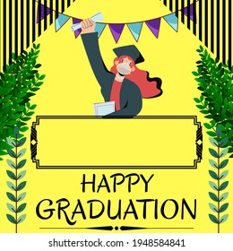 Illustration of students celebrating graduation using masks during a pandemic on a yellow background