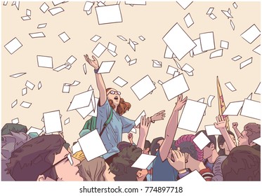 Illustration of students celebrating victory, graduation, freedom with sheets of paper thrown in the air in vintage colors