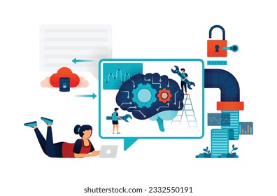 Illustration of students chat or communicate with artificial intelligence to get problem solving with data access form protected database. Can be used for web website poster mobile apps magazine ads