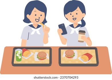 Illustration of students eating fast food with friends