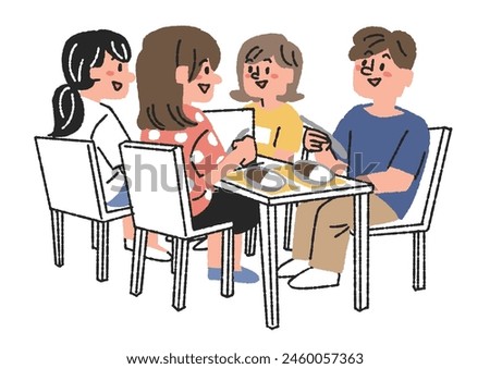 Illustration of students eating in a school cafeteria Comical hand-drawn figures Vector, color on line drawing