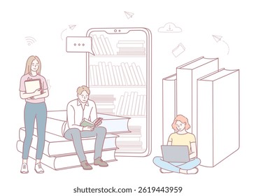An illustration of students engaged in digital and traditional reading methods in their learning process