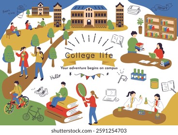 An illustration of students enjoying campus life