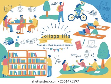 An illustration of students enjoying college life