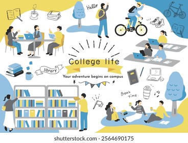 An illustration of students enjoying college life