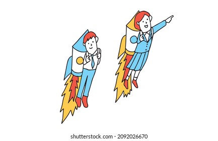 Illustration of students flying with rockets.