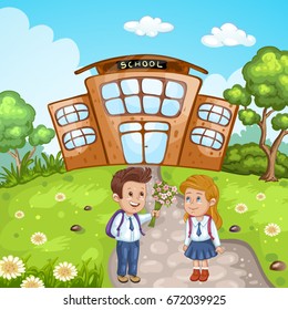 Illustration of students in front of school building
