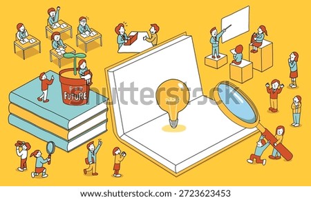 An illustration of students growing toward their future through learning at school or cram schools, supported by teachers and parents, building knowledge and motivation step by step.