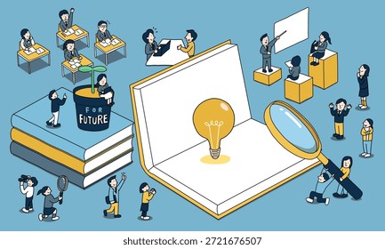 Illustration von Schülern, die in die Zukunft wachsen, indem sie in der Schule oder in der Schule lernen