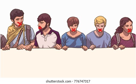 Illustration of students holding large banner with red tape on their mouth in color