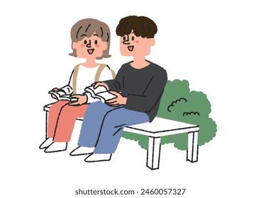 Illustration of students interacting with each other Comical hand-drawn figures Vector, line drawing with color