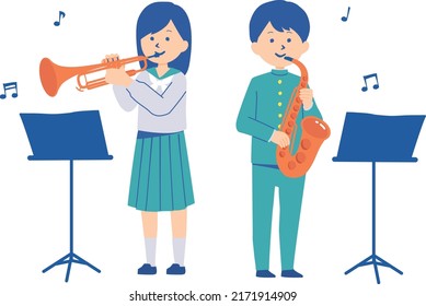 Illustration of students playing a musical instrument , school band