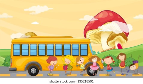 Illustration of the students playing near the school bus