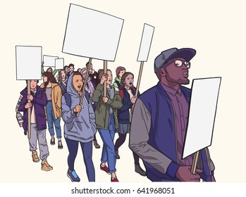 Illustration of students protesting for human rights in color with blank signs