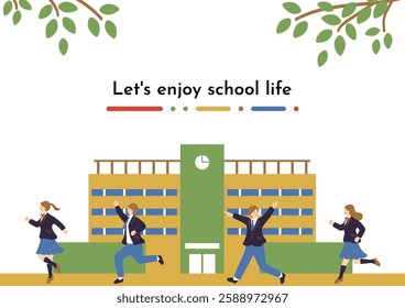 An illustration of students running past the school