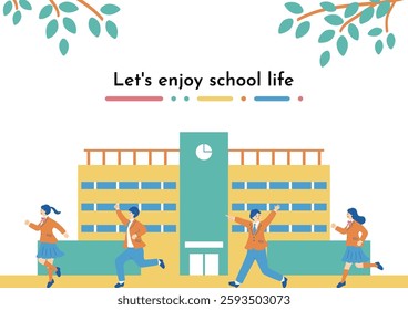 An illustration of students running past the school