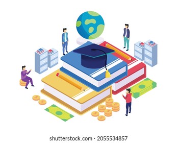 Illustration of students sit in the library with big book in the middle and globe vector background.