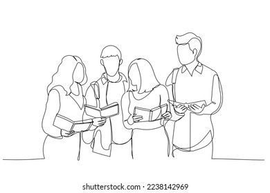 Illustration of students study in library, young people spend time together and search information. Single line art style
