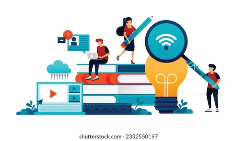 Ilustración de estudiantes estudian un montón de libros. ideas e inspiración para la enseñanza moderna y la tecnología del sistema de aprendizaje utilizando medios de vídeo. Se puede usar para sitios web afichar anuncios de revistas de aplicaciones móviles