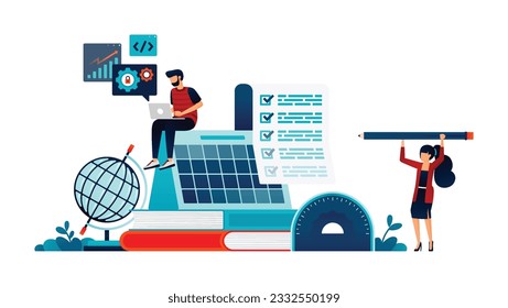 Ilustración de estudiantes que estudian, programan clases o clases adicionales en preparación de concursos y exámenes. encuesta de educación y aprendizaje. Se puede usar para sitios web afichar anuncios de revistas de aplicaciones móviles
