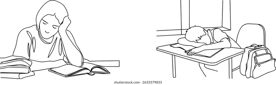 Ilustração de estudantes estudando e dormindo em mesas no ambiente de sala de aula da escola