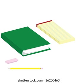 Illustration of a student's table, with a book, eraser, pencil and notepad