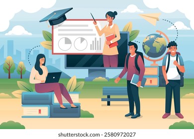 Illustration of students and a teacher in an educational setting with books, a globe, and a presentation board.
