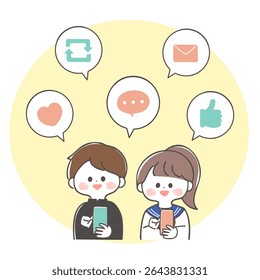 Illustration of students in uniform enjoying SNS